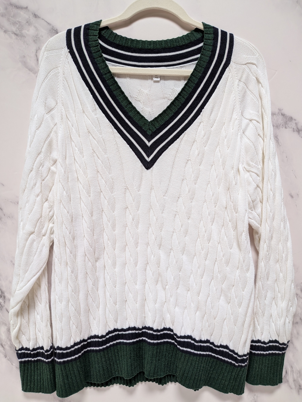 Minnie Rose White Cable-Knit V-Neck Sweater with Green & Black Trim